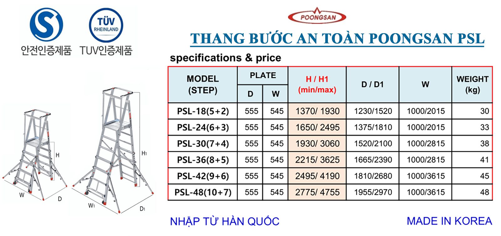 Thang nhôm an toàn Poongsan PSL-18(5+2) 2 PSL 1